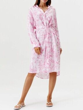 Melissa Odabash Layla Mid Length Shirtdress Exotica Belted Pink Long Sleeve Sz S